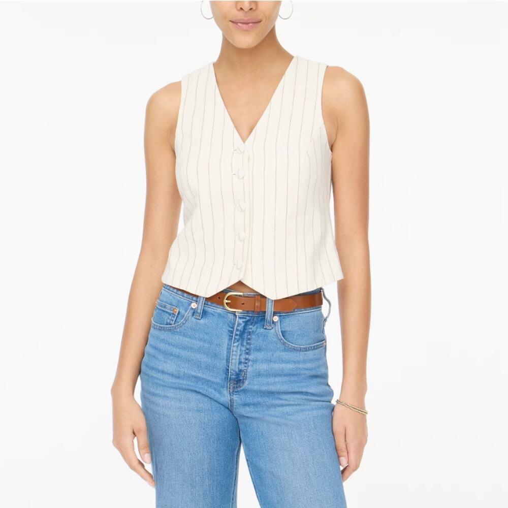 J.Crew Linen Blend Vest Womens 12 White Brown Pinstripes Sleeveless V-neck Lined